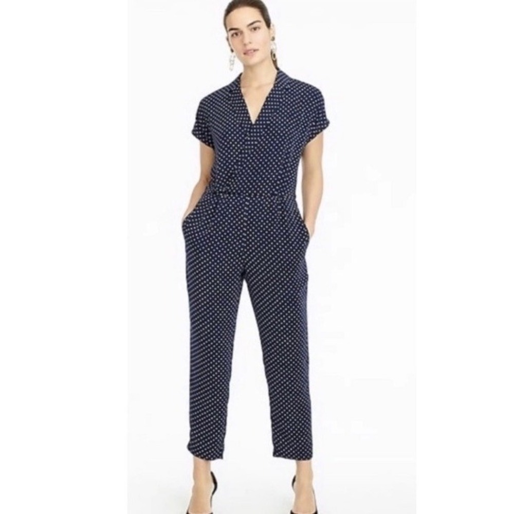NEW J.Crew Navy Blue Pin Dot Print Lapel Front Jumpsuit Size 6 Sleeve